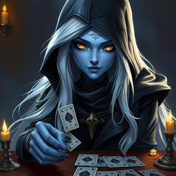 An illustrated, realistic concept art of an alluring and mysterious female Half-Elf drow Rogue, featuring enchanting blue skin, long flowing white hair, and captivating yellow eyes