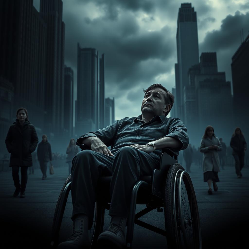 An evocative poster showcasing a man in a wheelchair, reflecting themes of depression and resilience