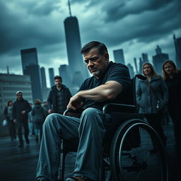 An evocative poster showcasing a man in a wheelchair, reflecting themes of depression and resilience