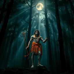 A very dark and mystical forest, with tall, dense trees shrouded in mist, creating an eerie yet enchanting atmosphere