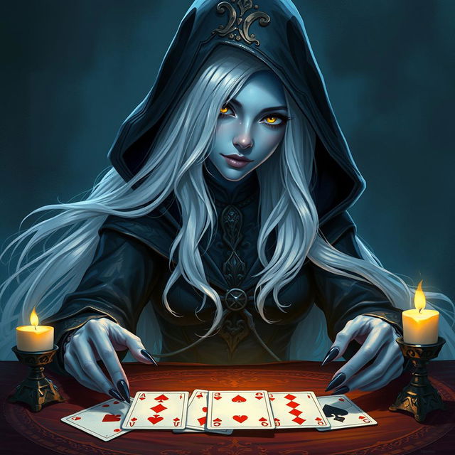 An illustrated, realistic concept art of an alluring and mysterious female Half-Elf drow Rogue, featuring enchanting blue skin, long flowing white hair, and captivating yellow eyes