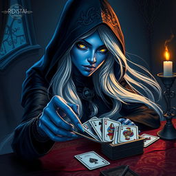 An illustrated, realistic concept art of an alluring and mysterious female Half-Elf drow Rogue, featuring enchanting blue skin, long flowing white hair, and captivating yellow eyes