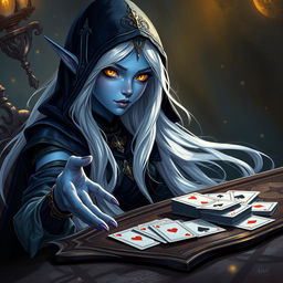 An illustrated, realistic concept art of an alluring and mysterious female Half-Elf drow Rogue, featuring enchanting blue skin, long flowing white hair, and captivating yellow eyes
