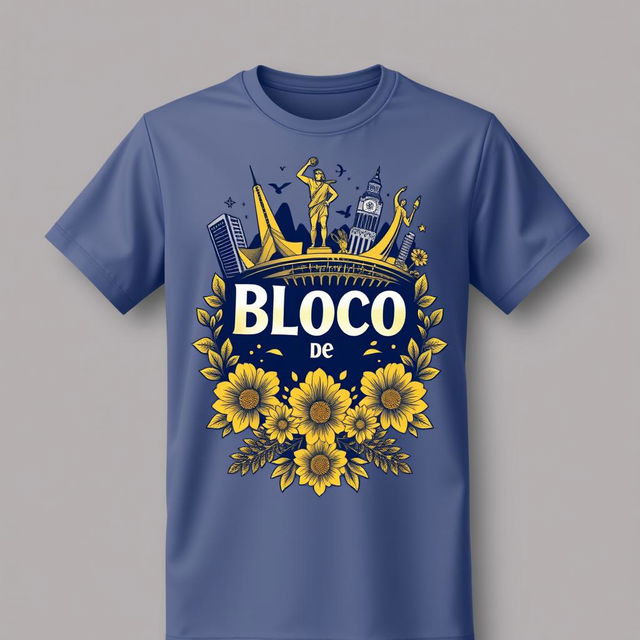 A stylish t-shirt design featuring the logo of Bloco de Belô, incorporating iconic elements from Belo Horizonte such as the Mineirão stadium, the Acaiaca statue, and the Pirulito monument