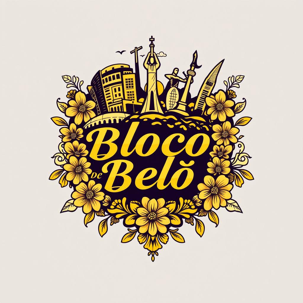 A stylish t-shirt design featuring the logo of Bloco de Belô, incorporating iconic elements from Belo Horizonte such as the Mineirão stadium, the Acaiaca statue, and the Pirulito monument