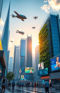 A futuristic cityscape featuring advanced technology, with soaring skyscrapers made of glass and metal, flying cars gliding through the air, and vibrant digital billboards displaying advertisements
