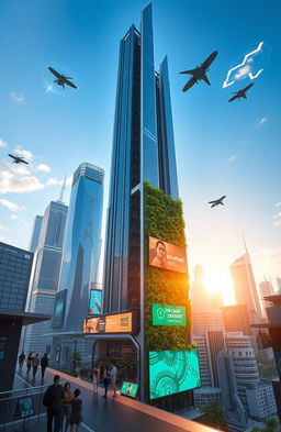 A futuristic cityscape featuring advanced technology, with soaring skyscrapers made of glass and metal, flying cars gliding through the air, and vibrant digital billboards displaying advertisements