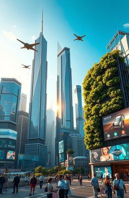 A futuristic cityscape featuring advanced technology, with soaring skyscrapers made of glass and metal, flying cars gliding through the air, and vibrant digital billboards displaying advertisements