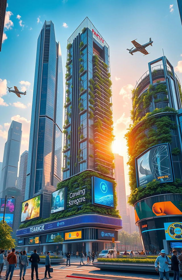 A futuristic cityscape featuring advanced technology, with soaring skyscrapers made of glass and metal, flying cars gliding through the air, and vibrant digital billboards displaying advertisements