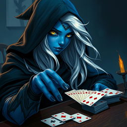 An illustrated, realistic concept art of an alluring and mysterious female Half-Elf drow Rogue, featuring stunning blue skin, long flowing white hair, and enchanting yellow eyes