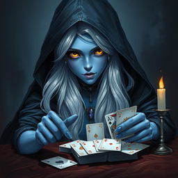 An illustrated, realistic concept art of an alluring and mysterious female Half-Elf drow Rogue, featuring stunning blue skin, long flowing white hair, and enchanting yellow eyes