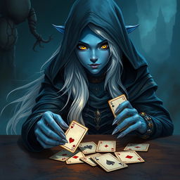 An illustrated, realistic concept art of an alluring and mysterious female Half-Elf drow Rogue, featuring stunning blue skin, long flowing white hair, and enchanting yellow eyes