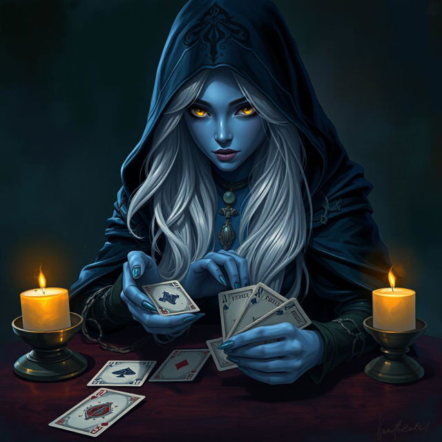 An illustrated, realistic concept art of an alluring and mysterious female Half-Elf drow Rogue, featuring stunning blue skin, long flowing white hair, and enchanting yellow eyes