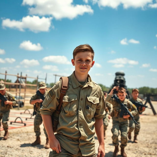 A dynamic scene depicting a young squad leader confidently guiding a group of junior army recruits during training exercises