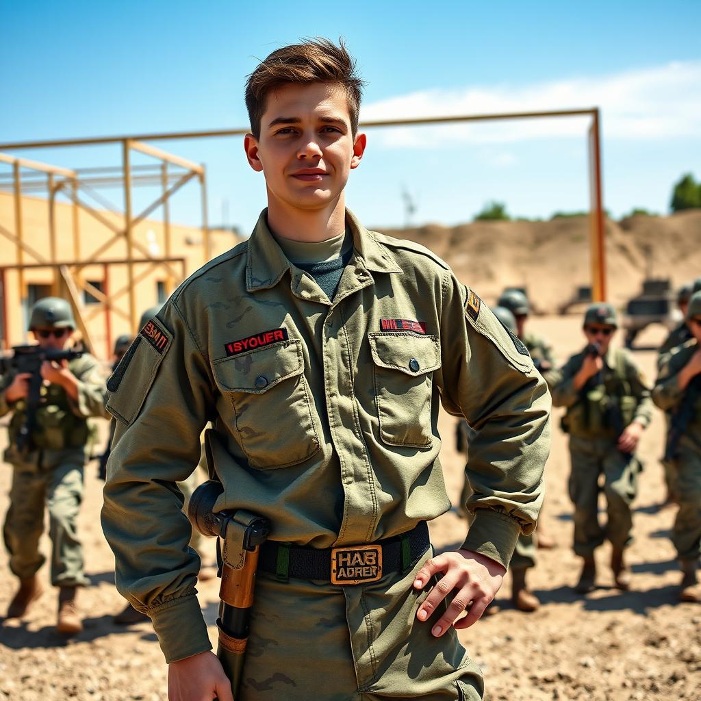 A dynamic scene depicting a young squad leader confidently guiding a group of junior army recruits during training exercises