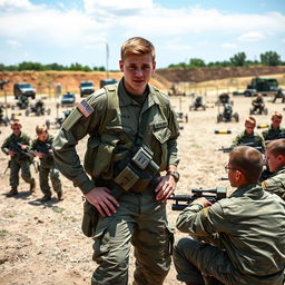 A dynamic scene depicting a young squad leader confidently guiding a group of junior army recruits during training exercises