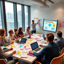 A vibrant and engaging marketing meeting scene, featuring diverse professionals brainstorming around a large table filled with laptops, colorful charts, and marketing materials