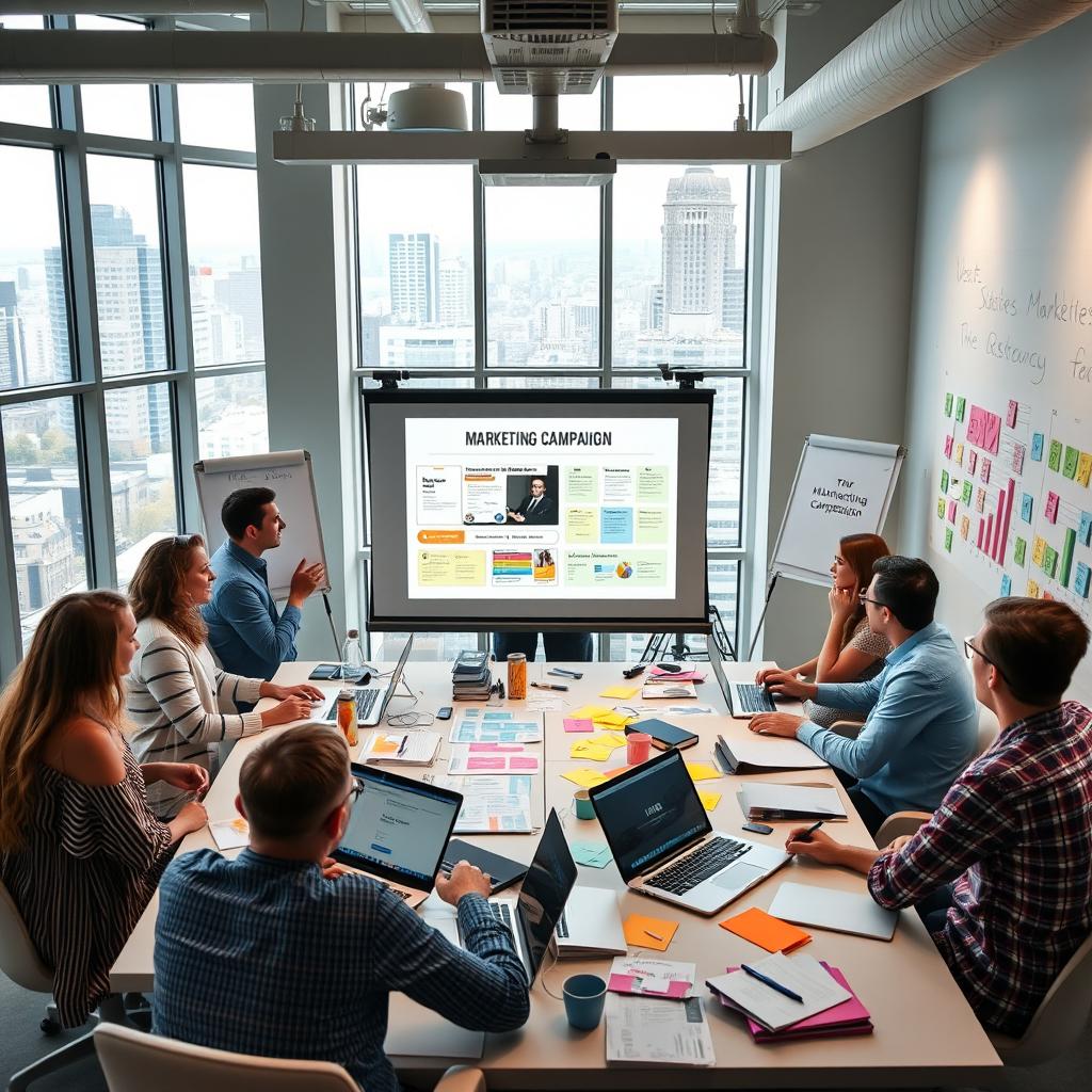 A vibrant and engaging marketing meeting scene, featuring diverse professionals brainstorming around a large table filled with laptops, colorful charts, and marketing materials
