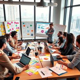 A vibrant and engaging marketing meeting scene, featuring diverse professionals brainstorming around a large table filled with laptops, colorful charts, and marketing materials