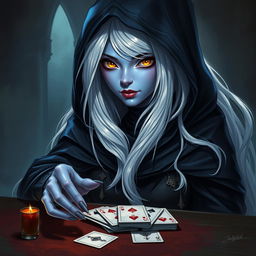 An illustrated, realistic concept art of an alluring and mysterious female Half-Elf drow Rogue, featuring stunning blue skin, long flowing white hair, and striking yellow eyes