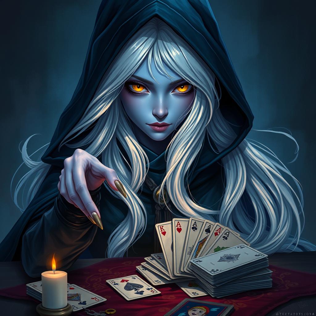 An illustrated, realistic concept art of an alluring and mysterious female Half-Elf drow Rogue, featuring stunning blue skin, long flowing white hair, and striking yellow eyes