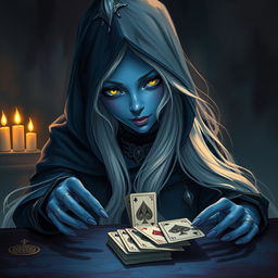 An illustrated, realistic concept art of an alluring and mysterious female Half-Elf drow Rogue, featuring stunning blue skin, long flowing white hair, and striking yellow eyes