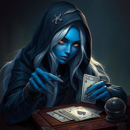 An illustrated, realistic concept art of an alluring and mysterious female Half-Elf drow Rogue, featuring stunning blue skin, long flowing white hair, and striking yellow eyes