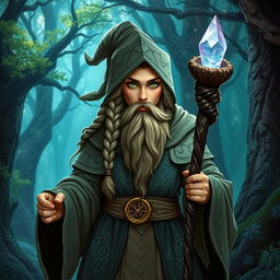 A female dwarf wizard standing confidently, wearing intricate robes adorned with mystical runes and symbols