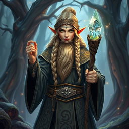 A female dwarf wizard standing confidently, wearing intricate robes adorned with mystical runes and symbols
