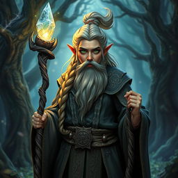 A female dwarf wizard standing confidently, wearing intricate robes adorned with mystical runes and symbols