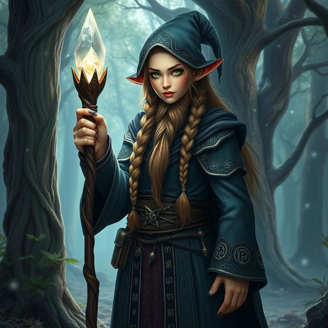 A female dwarf wizard standing confidently, wearing intricate robes adorned with mystical runes and symbols