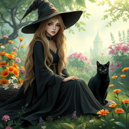 A very beautiful female witch sitting in a heavenly garden, wearing a flowing black robe and dress