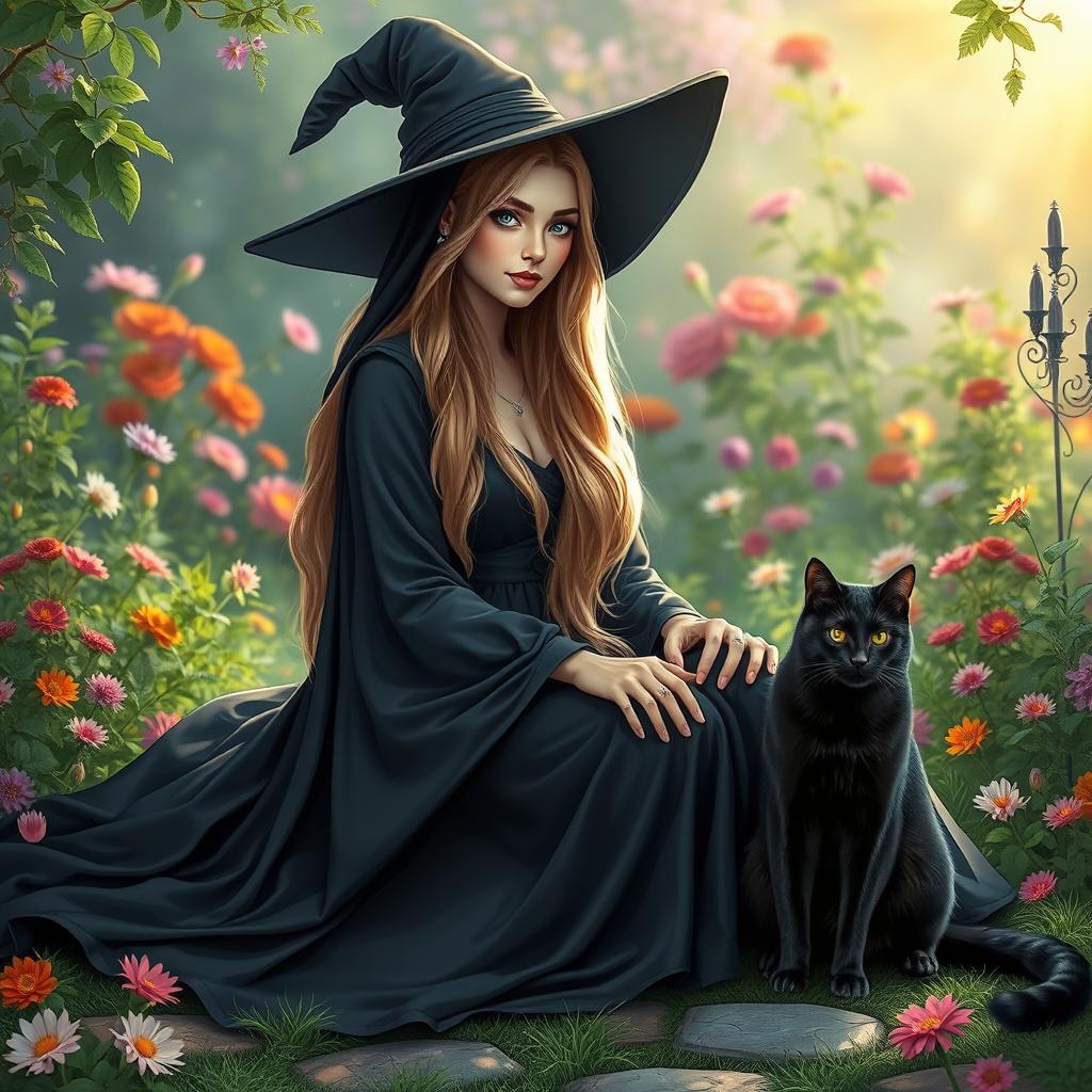A very beautiful female witch sitting in a heavenly garden, wearing a flowing black robe and dress