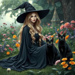 A very beautiful female witch sitting in a heavenly garden, wearing a flowing black robe and dress