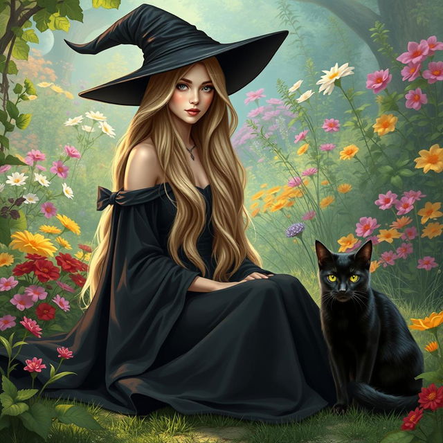 A very beautiful female witch sitting in a heavenly garden, wearing a flowing black robe and dress