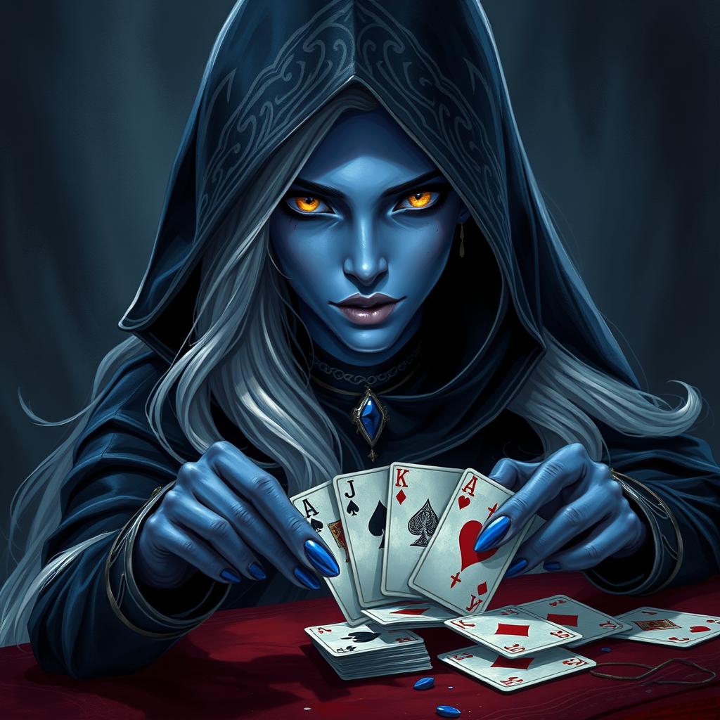 An illustrated, realistic concept art of an alluring and mysterious female Half-Elf drow Rogue, showcasing her striking blue skin, long flowing white hair, and mesmerizing yellow eyes