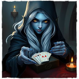 An illustrated, realistic concept art of an alluring and mysterious female Half-Elf drow Rogue, showcasing her striking blue skin, long flowing white hair, and mesmerizing yellow eyes