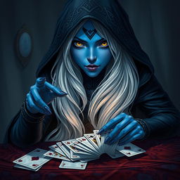 An illustrated, realistic concept art of an alluring and mysterious female Half-Elf drow Rogue, showcasing her striking blue skin, long flowing white hair, and mesmerizing yellow eyes