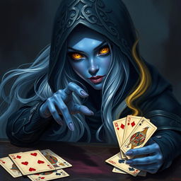 An illustrated, realistic concept art of an alluring and mysterious female Half-Elf drow Rogue, showcasing her striking blue skin, long flowing white hair, and mesmerizing yellow eyes