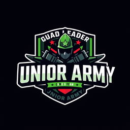 A vibrant and dynamic logo design for a gaming squad called 'SQUAD LEADER !! JUNIOR ARMY' themed around the popular game Free Fire