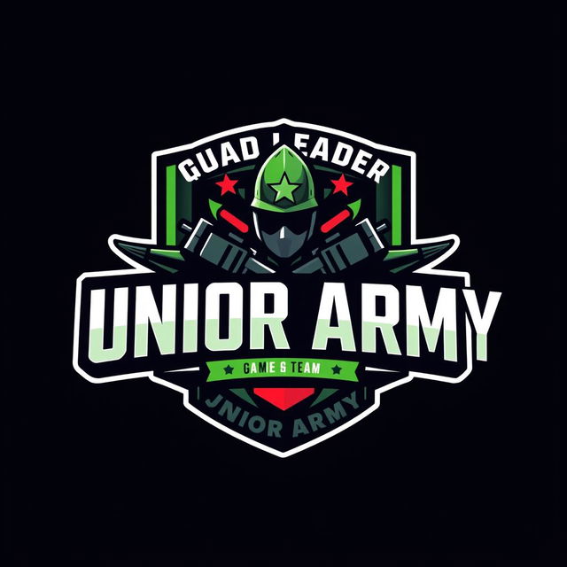 A vibrant and dynamic logo design for a gaming squad called 'SQUAD LEADER !! JUNIOR ARMY' themed around the popular game Free Fire
