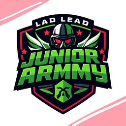 A vibrant and dynamic logo design for a gaming squad called 'SQUAD LEADER !! JUNIOR ARMY' themed around the popular game Free Fire