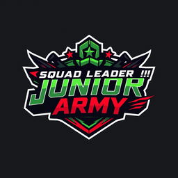 A vibrant and dynamic logo design for a gaming squad called 'SQUAD LEADER !! JUNIOR ARMY' themed around the popular game Free Fire