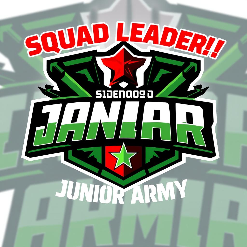 A vibrant and dynamic logo design for a gaming squad called 'SQUAD LEADER !! JUNIOR ARMY' themed around the popular game Free Fire