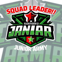 A vibrant and dynamic logo design for a gaming squad called 'SQUAD LEADER !! JUNIOR ARMY' themed around the popular game Free Fire