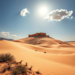A stunning desert landscape featuring the historic Khaibar Fortress in the background