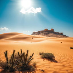 A stunning desert landscape featuring the historic Khaibar Fortress in the background