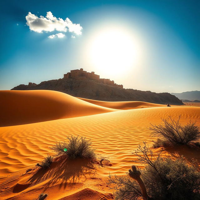 A stunning desert landscape featuring the historic Khaibar Fortress in the background