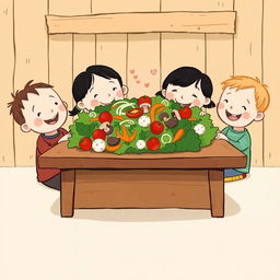 A cheerful scene depicting children happily sitting in front of a wooden table, eagerly looking at a large, colorful salad filled with fresh vegetables, including leafy greens, shredded carrots, sliced onions, mushrooms, and juicy tomatoes