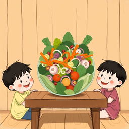 A cheerful scene depicting children happily sitting in front of a wooden table, eagerly looking at a large, colorful salad filled with fresh vegetables, including leafy greens, shredded carrots, sliced onions, mushrooms, and juicy tomatoes
